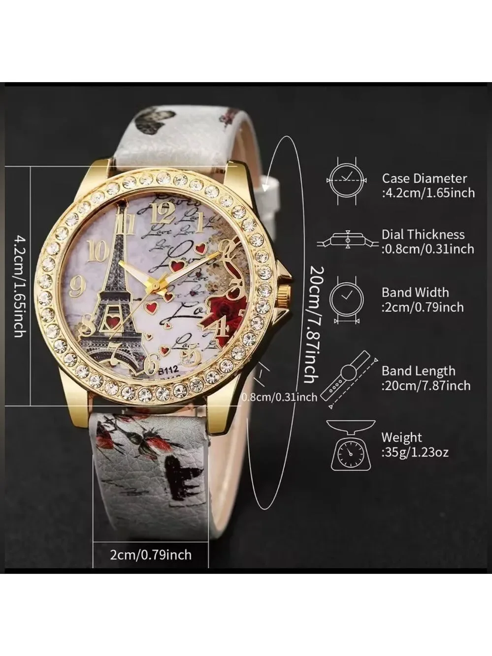 Elegant High Fashion Women’s Quartz Gold and Gray Eiffel Tower Love Watch Grey